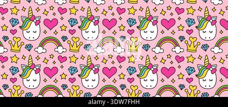Magical Unicorn and Rainbow Seamless Pattern, Cute Fairy Tale Doodles for Baby Girl Nursery Wallpaper Stock Vector