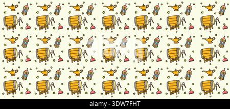Islamic Ramadan Celebration Seamless Pattern, Hand Drawn Drum and Lantern Doodles for Festive Gift Wrap Stock Vector
