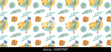 Cute Bird and Floral Seamless Pattern, Spring Garden Illustration with Yellow Birds for Nursery and Stationery Stock Vector