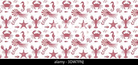 Coastal Crab and Seashell Seamless Pattern, Delicate Pink Marine Design for Nautical Home Decor Stock Vector
