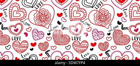 Romantic Heart and Love Lettering Seamless Pattern, Hand Drawn Red and Black Ornaments for Valentine Stationery Stock Vector