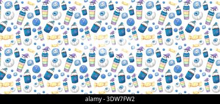 Baby Care Accessories Seamless Pattern, Cute Blue Nursery Elements for Newborn Stationery and Textile Stock Vector