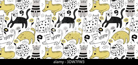 Creative Artistic Cat Seamless Pattern, Modern Hand Drawn Feline Illustration for Kids Apparel Stock Vector