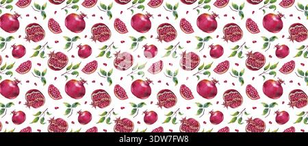 Red Pomegranate Fruit Seamless Pattern, Vibrant Hand Drawn Botanical Design for Kitchen Textile Stock Vector