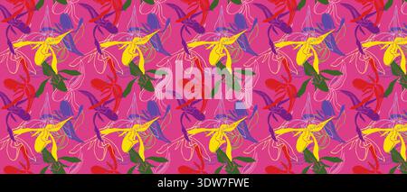 Exotic Tropical Flower Seamless Pattern with Vibrant Pink and Yellow Orchids for Summer Fashion Print Stock Vector