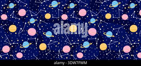 Outer Space Night Sky Seamless Pattern with Stars Planets and Constellations for Children Science Theme Stock Vector