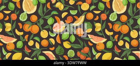 Fresh Citrus Fruit Seamless Pattern with Sliced Orange and Green Leaves for Summer Kitchen Textile Stock Vector