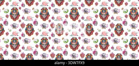 Ethnic Tribal Mask Seamless Pattern, Decorative Bohemian Ornament with Geometric Shapes for Fabric Design Stock Vector