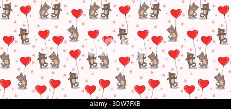 Cute Cat and Heart Balloon Seamless Pattern, Whimsical Animal Illustration for Kids and Baby Nursery Stock Vector