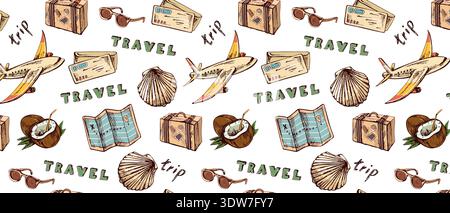 Travel and Vacation Seamless Pattern, Airplane Suitcase and Maps for Holiday Theme Stock Vector