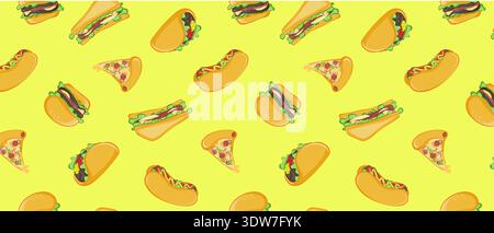 Tacos and Pizza Slice Pattern. A vibrant and playful seamless pattern featuring illustrations of tacos and pizza slices on a bright yellow background. Stock Vector