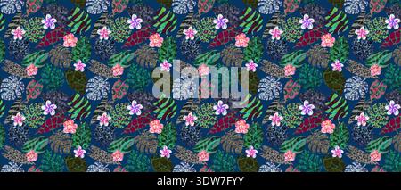 Vibrant Floral Pattern. A seamless repeating pattern featuring a diverse array of colorful leaves and flowers against a dark blue background. Stock Vector