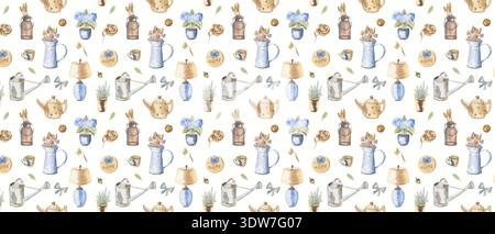 Watercolor Flower and Teapot Seamless Pattern, Shabby Chic Floral Garden Background for Stationery and Fabric Stock Vector