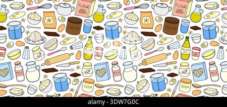 Baking and Cooking Ingredients Seamless Pattern, Kitchen Tools Flour and Eggs Background for Bakery Design Stock Vector