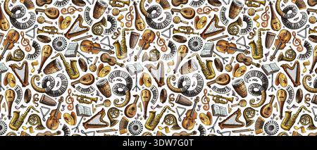 Musical Instruments Seamless Pattern with Violin Saxophone and Harp, Classical Music Background for Art and Fabric Stock Vector