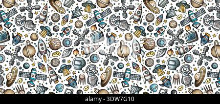 Space Exploration Seamless Pattern with Rockets Planets and Astronaut Doodles, Colorful Galaxy Universe Background Stock Vector