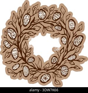 Easter botanical frame with doodle willow branches and decorative eggs Stock Vector