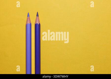 Studio shot of purple pencils arranged diagonally on a bright yellow surface, creating bold shadows and strong complementary color contrast. Stock Photo