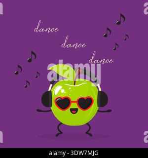 Funny green apple character in headphones and heart sunglasses vector illustration. Stock Vector
