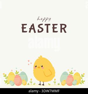 Happy Easter greeting card with cute chick and painted eggs vector illustration. Stock Vector