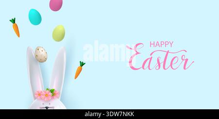 Easter poster with a ceramic bunny, flowers, and patterned flying Easter eggs. Easter greetings and gifts. Template for Easter advertising and shoppin Stock Vector