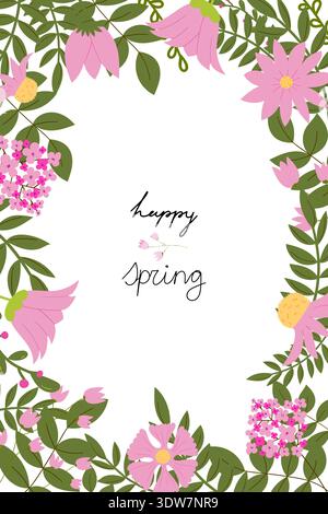 Bright spring greeting card with elegant Hello Spring lettering and blooming floral details. in vector Stock Vector