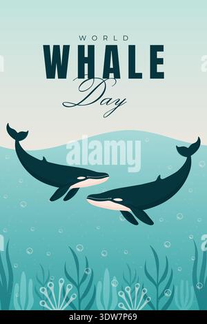 World Whale Day poster with blue whales swimming in ocean water vector illustration. Stock Vector