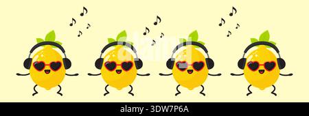 funny lemon characters dancing in headphones and sunglasses vector illustration. Stock Vector