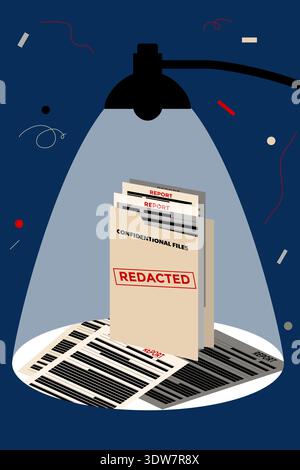 Confidential Files Folder with Redacted Reports under Spotlight, vector illustration Stock Vector