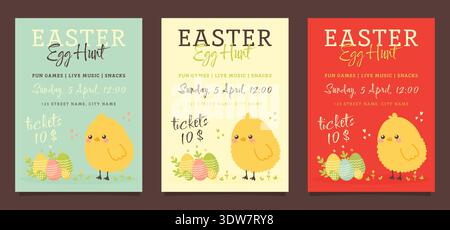 Easter egg hunt posters set with cute chick and colorful eggs vector illustration. Stock Vector