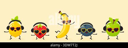 Funny fruit characters group dancing in headphones and sunglasses vector illustration. Stock Vector