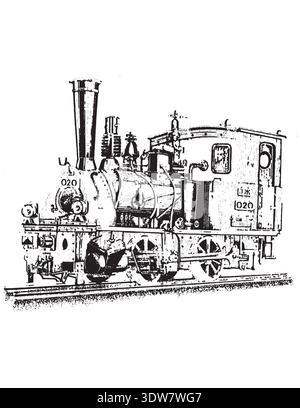 Steam retro locomotive on railway rails marked 020 Stock Photo