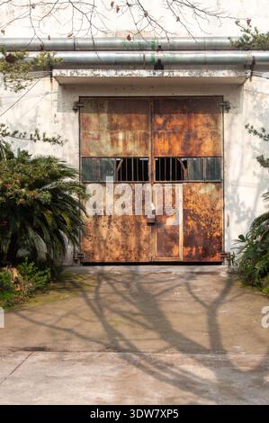 Vertical shot of large, rusty double metal doors on an old white industrial building, with shadows of trees cast upon the surface. Stock Photo