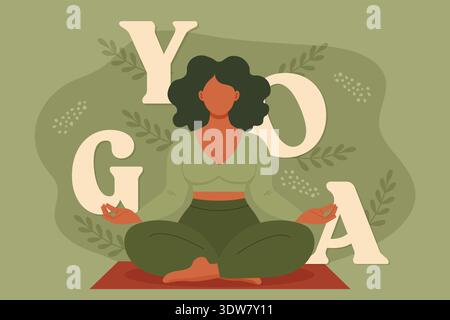 Yoga lettering woman meditating in lotus pose green nature background vector illustration. Stock Vector