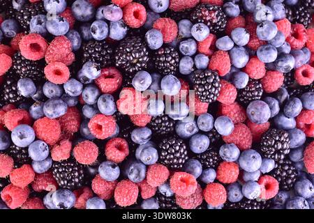 Background of raspberries, blueberries, blackberries. Flat lei. Stock Photo