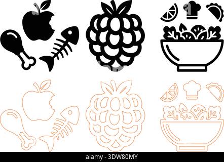 Healthy Food, Fruit and Salad Icons Set Vector Illustration Stock Vector