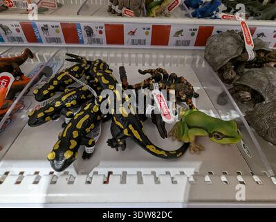 Pforzheim Germany Februar 25, 2026 Shelf Display Salamander Plushes In Store, Bright Yellow And Black Spotted Toys Arranged On Plastic Tray, Green Fro Stock Photo