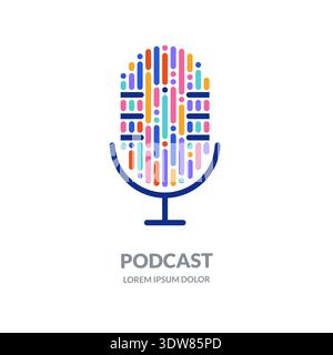 Podcast vector logo sign or emblem design template. Abstract colorful microphone formed by sound waves. Concept for audio branding, radio, streaming, Stock Vector