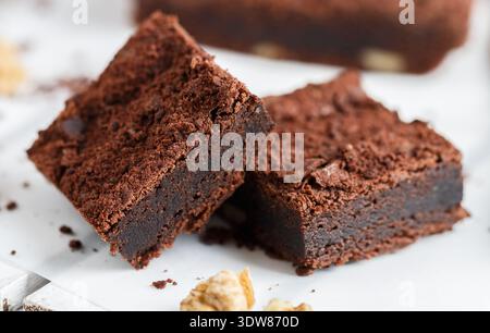 Homemade chocolate brownies with walnuts. Truffle pie. Delicious dessert close-up. Selective focus Stock Photo