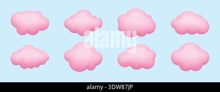 Soft pink cute clouds. Icon set. 3d cartoon cotton clouds with soft gradient texture isolated on light blue backdrop Stock Vector