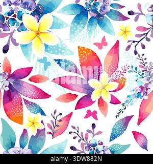 Seamless background with watercolor abstract flowers and Plumeria. Hand drawn. Not AI, vector illustration. Stock Vector
