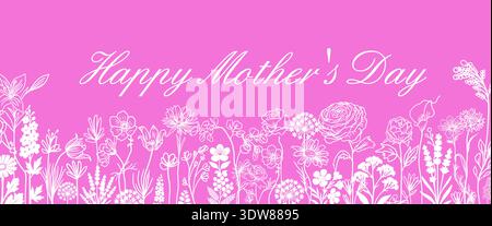 Simple pink floral background. Happy Mother's Day. Flowers in one line. Hand drawn. Not AI, vector illustration Stock Vector