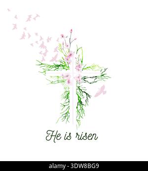 Religious cross with sakura flowers. Hand drawn. Not AI, vector illustration. He is risen Hand drawn. Not AI, vector illustration Stock Vector
