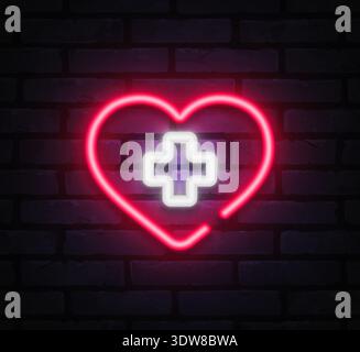 Glowing neon heart icon with white medical cross inside. Perfect for healthcare visuals, emergency symbols, and wellness related designs. Stock Vector