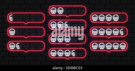 Neon skull rating in red chat bubbles with white glowing icons. Bold design expresses danger or difficulty from low to extreme. Suitable for horror Stock Vector