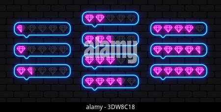 Neon diamond reviews inside glowing chat bubbles. Bright pink gems create a modern feedback interface. Ideal for luxury apps, online comments, or Stock Vector
