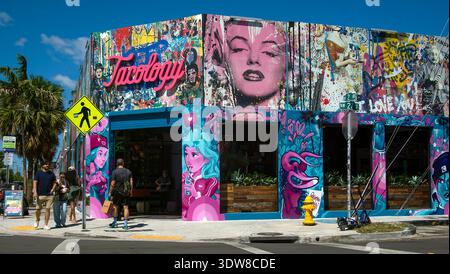 Graffiti covered building on a street corner in Wynwood, Miami, Florida, USA Stock Photo