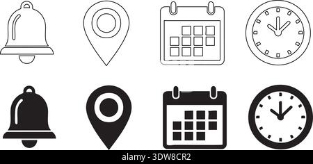 A set of eight minimalist icons presented in two rows. The top row features icons in an outline style, while the bottom row shows the same icons in a Stock Vector