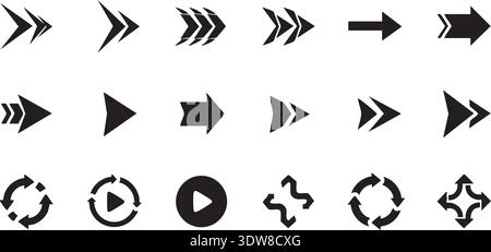 A set of eighteen black arrow icons and related symbols arranged in a grid on a white background. The collection includes various styles of arrows poi Stock Vector