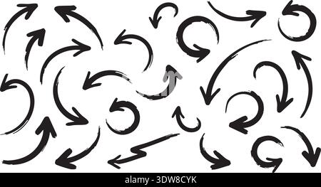 A collection of various hand-drawn black ink arrows and pointers on a white background. The set includes curved, circular, and looping arrows pointing Stock Vector